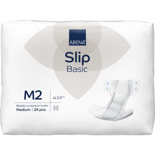 Absorbent blue Abena Slip Basic M2 continence pad with 2300 ml capacity in size 70–110 cm, shown lying flat.