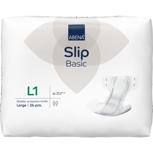 Abena Slip Basic L1 continence pad in green, 2300 ml capacity, designed for waist sizes 100-150 cm, shown in image.