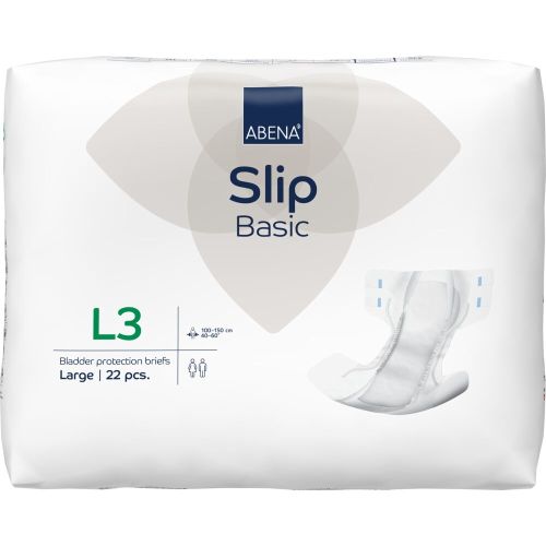 Abena Slip Basic L3 continence pad in green, 3300 ml capacity, suited for waist sizes 100-150 cm, shown in the image.