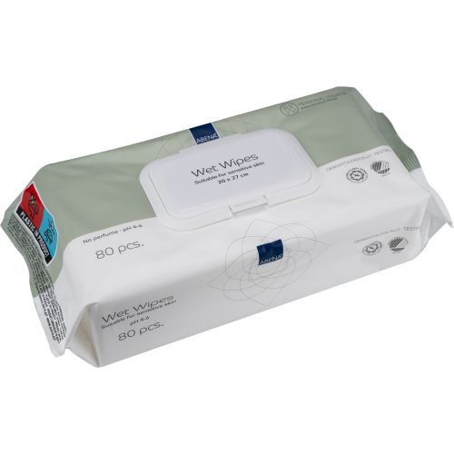 Abena adult skin care wipes in a pack, showing 20x27cm moist wipes designed for gentle skin cleansing.