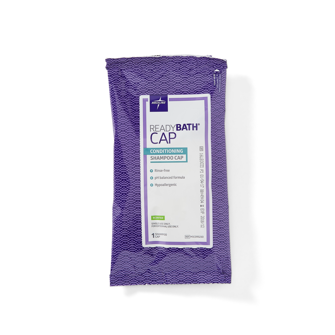 Medline Readybath Shampoo Cap with Conditioner for skin care, featuring a clear plastic cap with labels and conditioner inside.