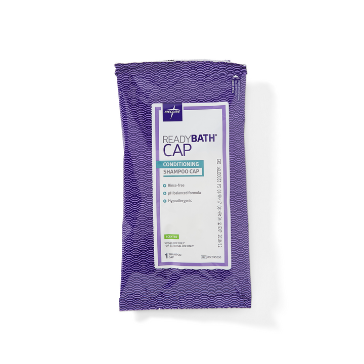 Medline Readybath Shampoo Cap with Conditioner for skin care, featuring a clear plastic cap with labels and conditioner inside.