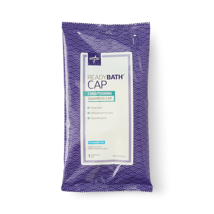 Medline Readybath shampoo cap with conditioner for skin care, showing the cap and packaging in a clear, detailed view.