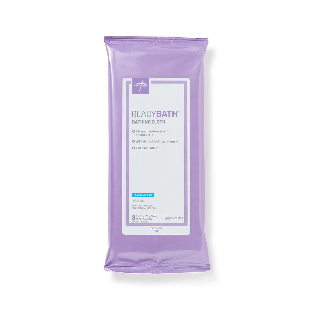 Medline® Readybath bathing cloths in a package, designed for gentle skin care and convenient bathing.