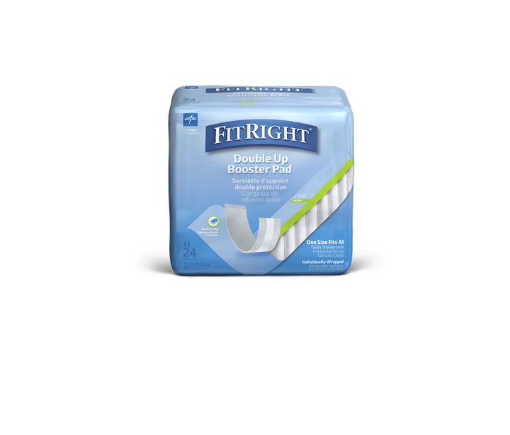 Medline Fitright Double Up Booster Pad for continence, showing the absorbent pad with blue and white design and packaging.