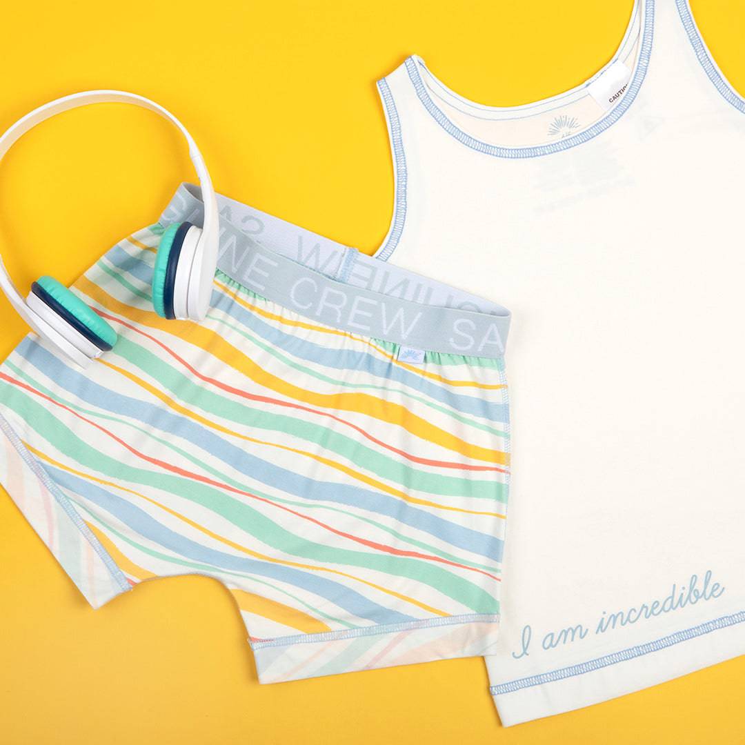 Sanguine Crew kids bamboo lounge shorts in soft fabric, featuring a relaxed fit and playful design for comfort.