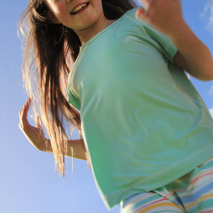 Green short sleeve bamboo t-shirt for kids by Sanguine Crew, featuring a comfortable fit and soft fabric.