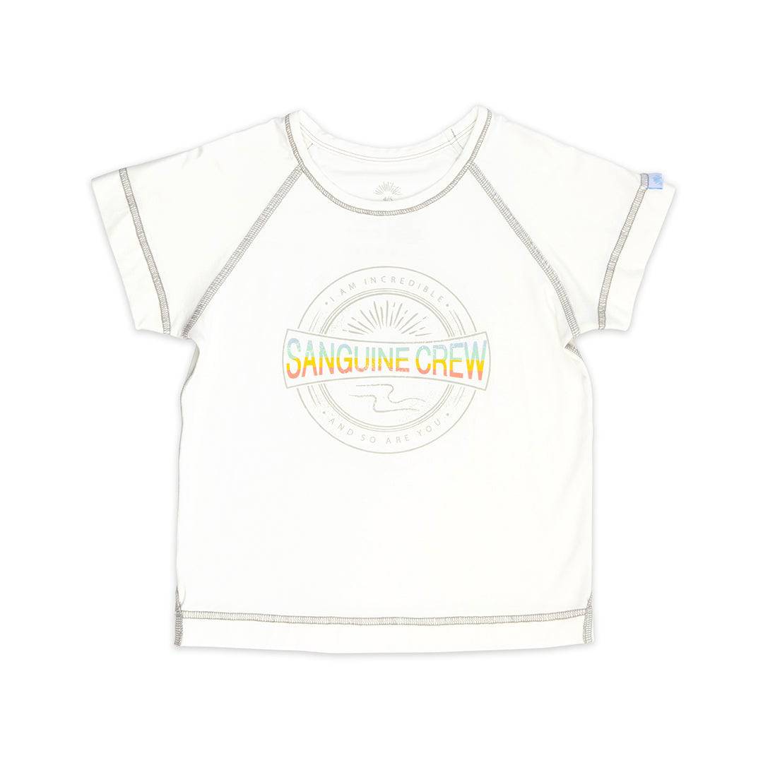 White short sleeve bamboo t-shirt for kids by Sanguine Crew, featuring a comfortable and breathable design.