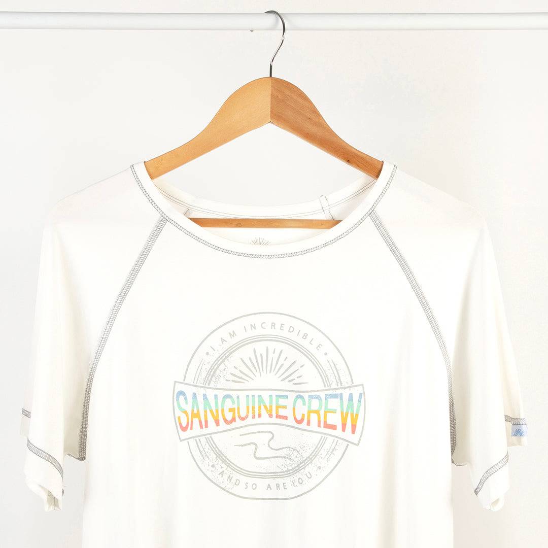 White short sleeve bamboo t-shirt for kids by Sanguine Crew, featuring a comfortable, soft fabric design.