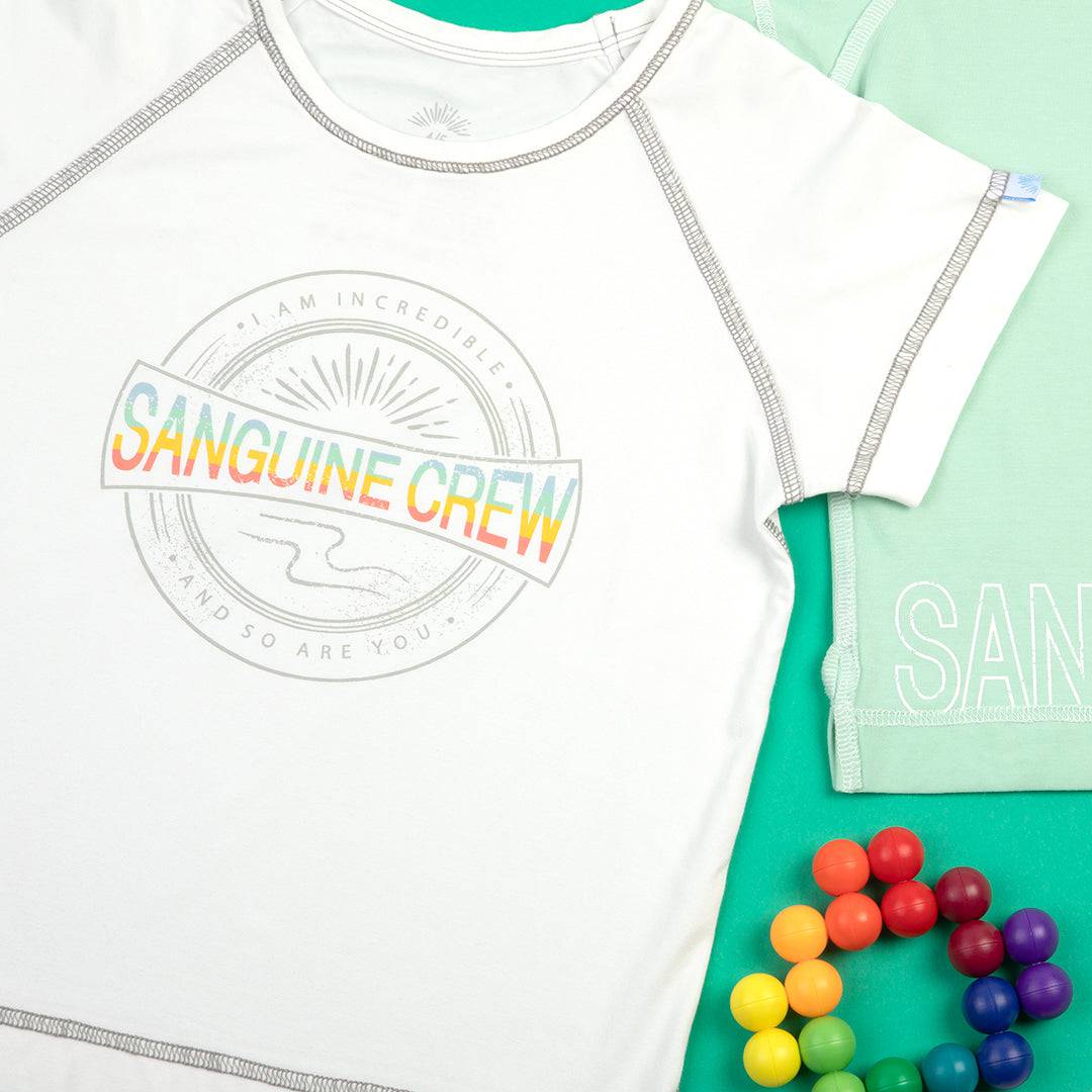 White short sleeve bamboo t-shirt for kids by Sanguine Crew, featuring a soft fabric and comfortable design.