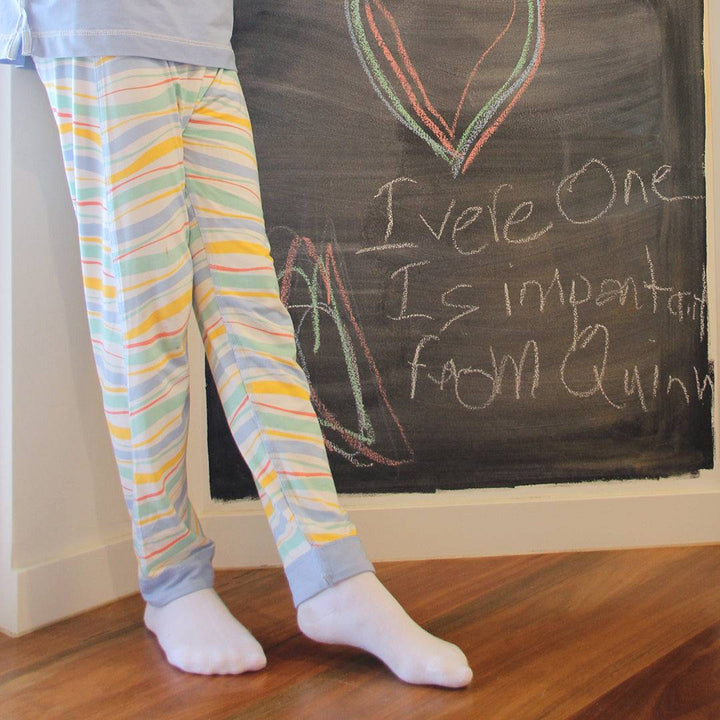 Sanguine Crew kids bamboo lounge pants in soft fabric, featuring a relaxed fit and playful design for comfortable wear.