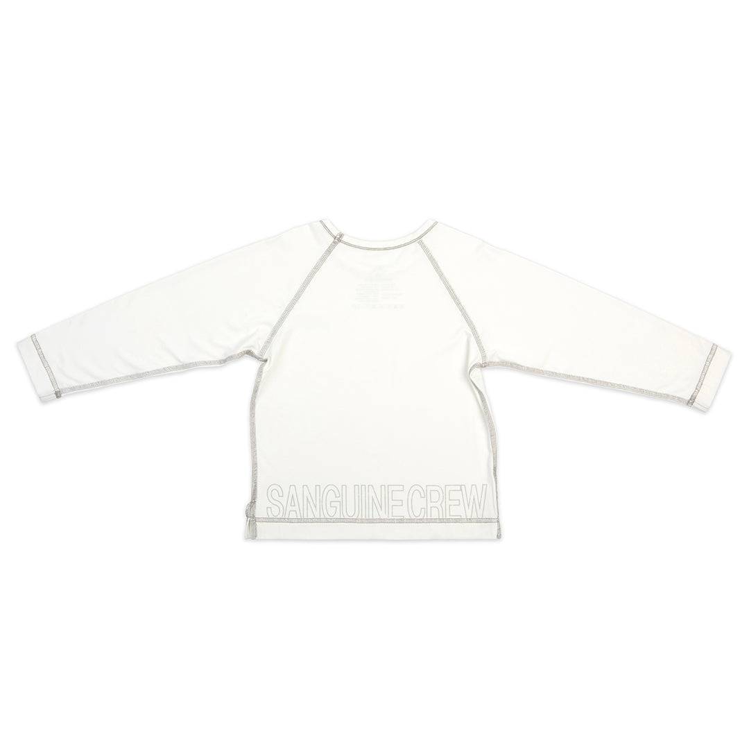White long sleeve bamboo t-shirt for kids by Sanguine Crew, featuring a comfortable and soft fit.