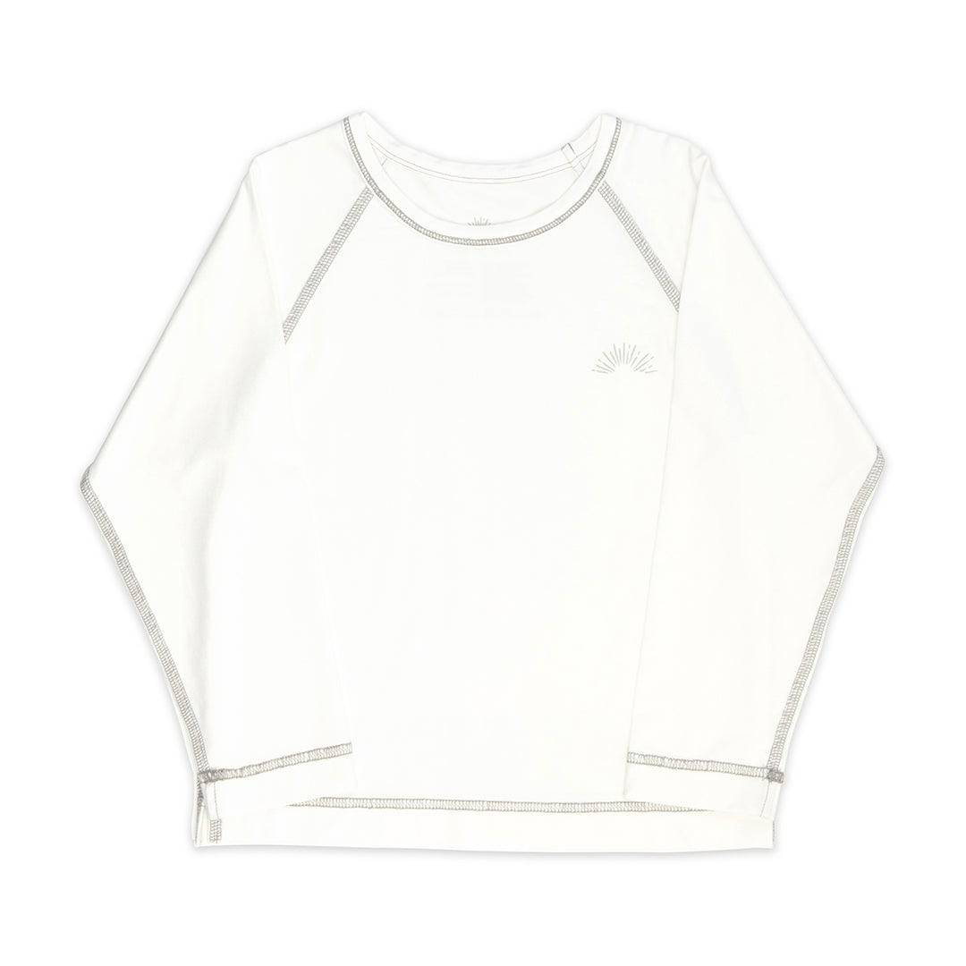 White long sleeve bamboo t-shirt for kids by Sanguine Crew, featuring a soft fabric and a comfortable fit.