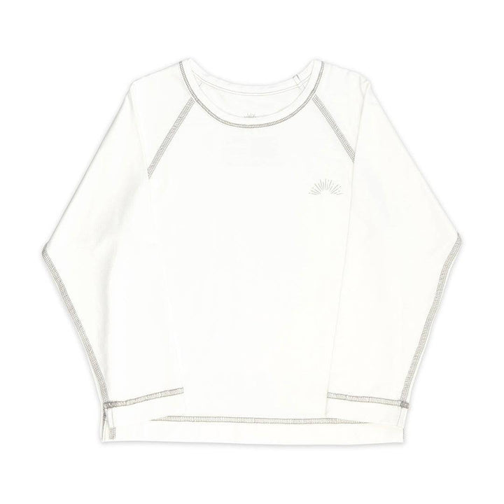 White long sleeve bamboo t-shirt for kids by Sanguine Crew, featuring a soft fabric and a comfortable fit.