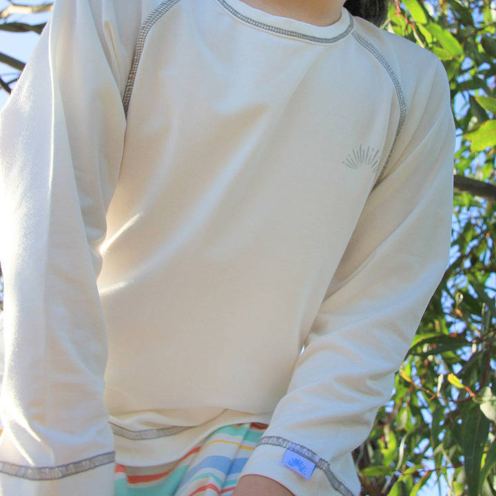 Sanguine Crew kids long sleeve bamboo t-shirt in white, featuring a soft, comfortable fabric and classic crew neckline.