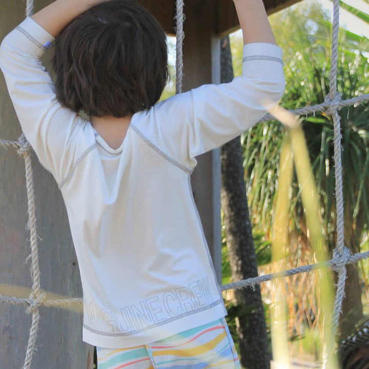 Sanguine Crew kids long sleeve bamboo t-shirt in white, featuring a comfortable fit and soft fabric for everyday wear.