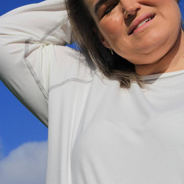 Sanguine Crew adults long sleeve bamboo t-shirt in a relaxed fit with soft fabric, displayed on a neutral background.