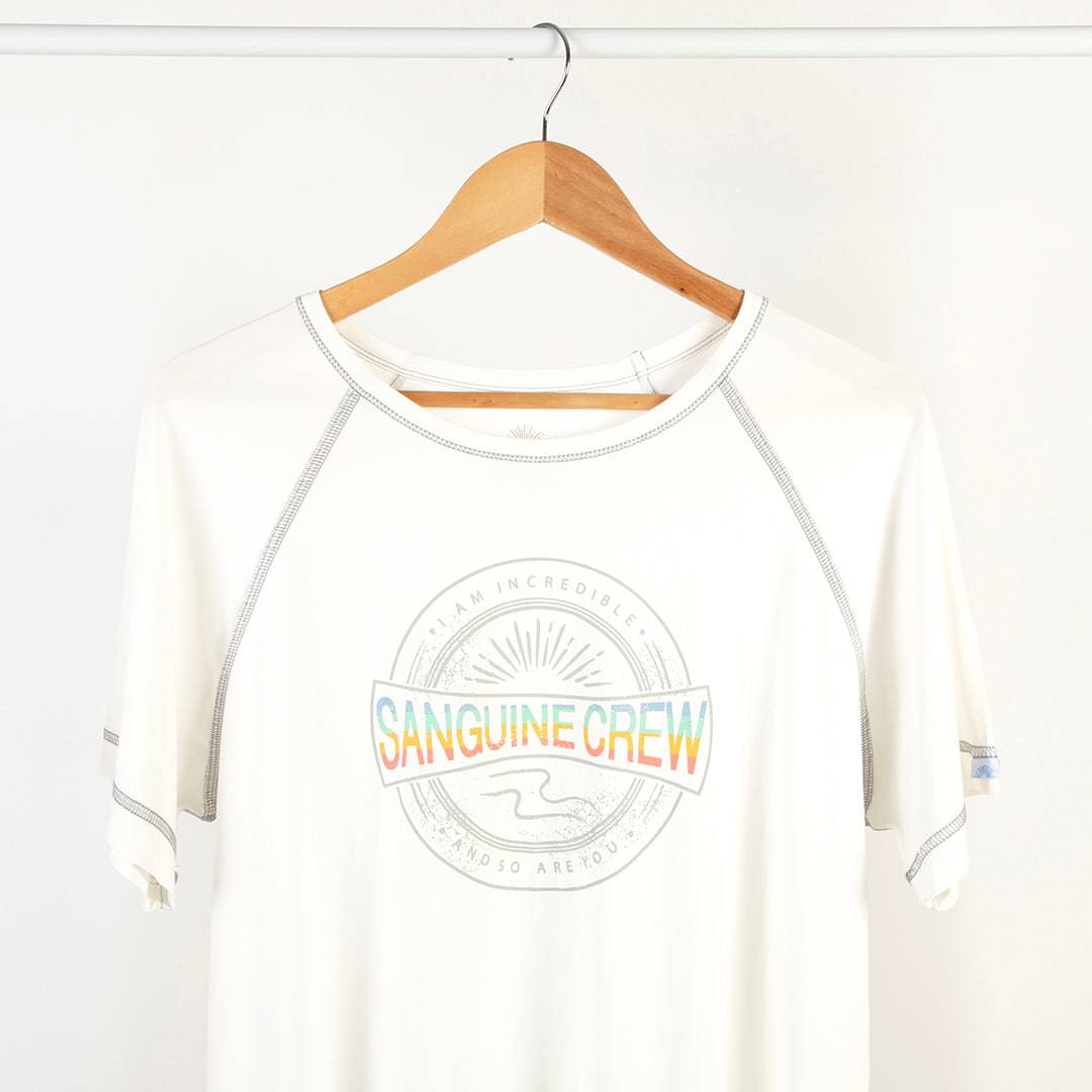 Sanguine Crew adults bamboo t-shirt in a relaxed fit, showcasing soft fabric and short sleeves in a neutral color.