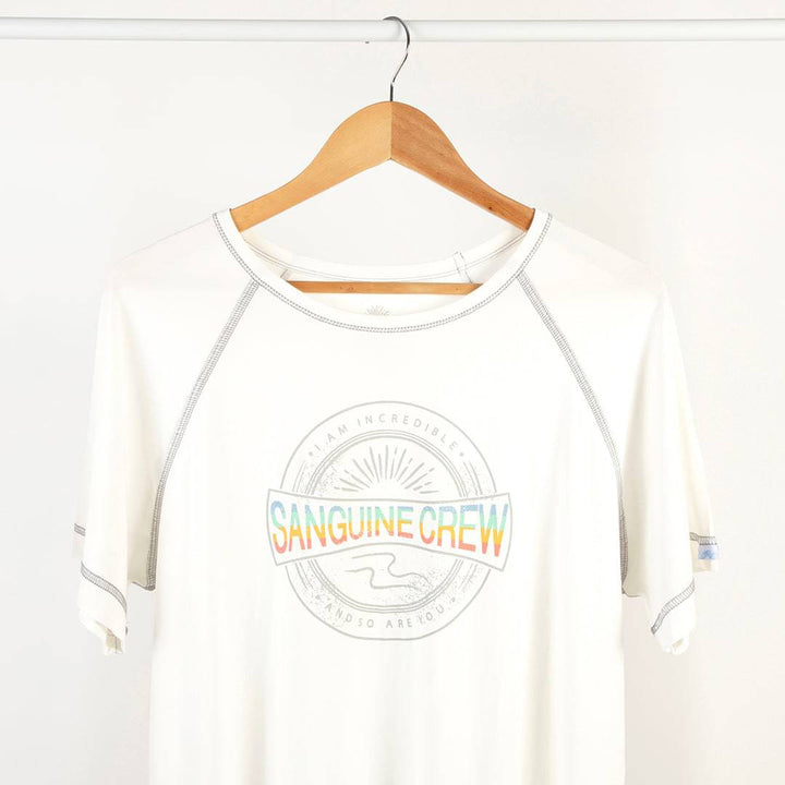 Sanguine Crew adults bamboo t-shirt in a relaxed fit, showcasing soft fabric and short sleeves in a neutral color.
