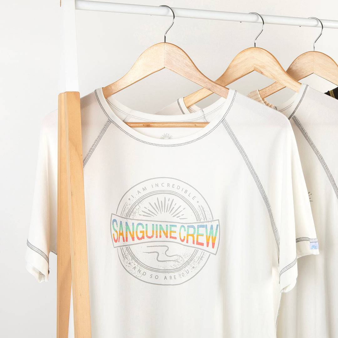 Sanguine Crew adults bamboo t-shirt in a relaxed fit, featuring short sleeves and soft, breathable fabric.
