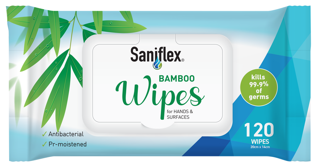 Saniflex Bamboo Eco Wipes, 120-pack, alcohol-free antibacterial wipes for hands and surfaces, made with eco-friendly bamboo material