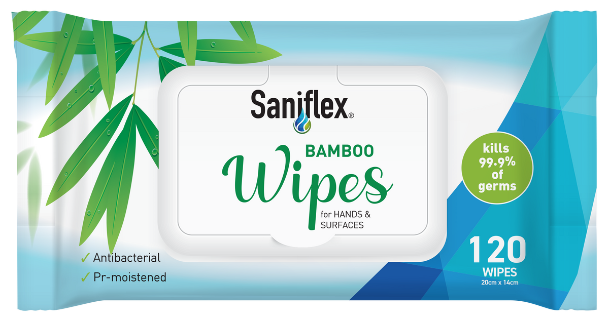 Saniflex Bamboo Eco Wipes, 120-pack, alcohol-free antibacterial wipes for hands and surfaces, made with eco-friendly bamboo material