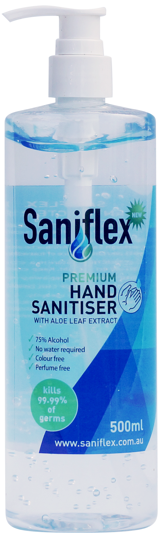 A 500ml bottle of Saniflex Premium Hand Sanitiser with Aloe Leaf Extract, featuring a clear plastic bottle filled with clear liquid and a white pump dispenser, with a blue and white label.
