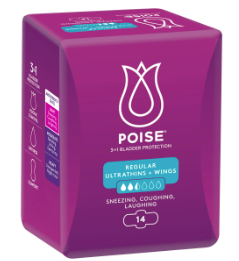Poise Ultrathin Pads for bladder leaks, regular size with wings, 14-pack by Sigma, displayed on a clean background.