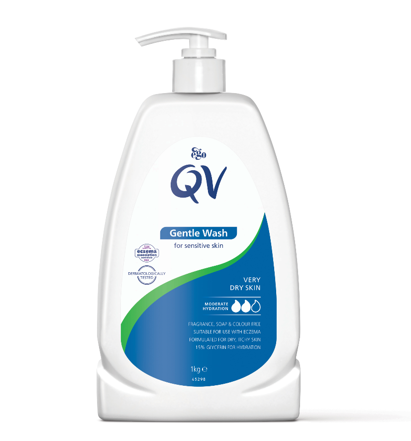 Ego QV Gentle Wash bottle on a white background, showcasing its skin care formula for sensitive skin.