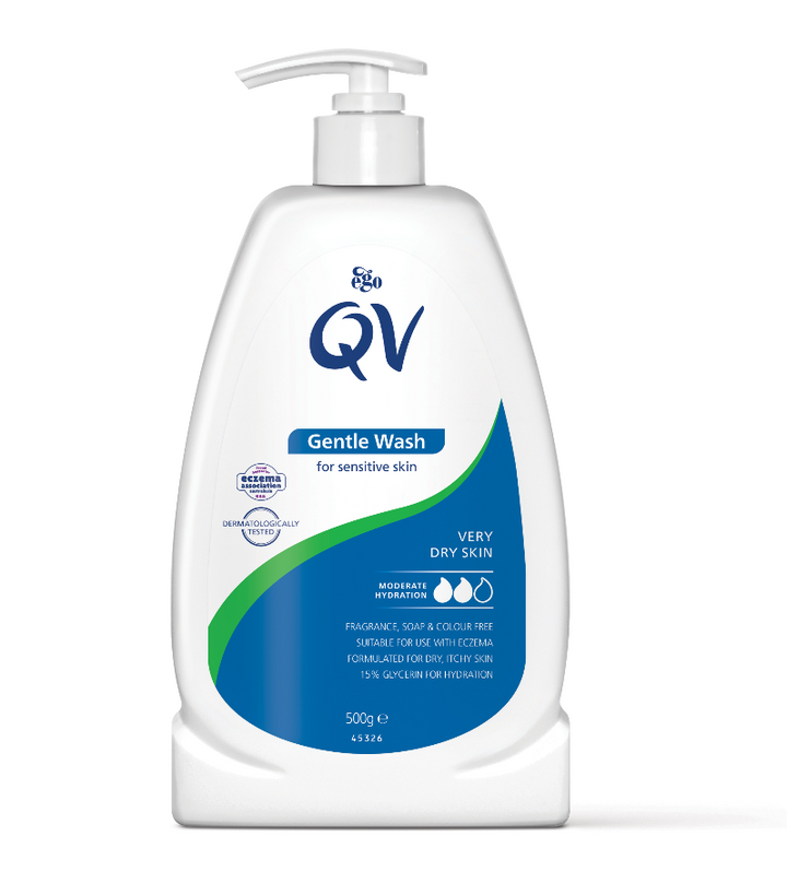 Ego QV Gentle Wash skin care product in a clear bottle with white liquid, designed for gentle cleansing and skin care.