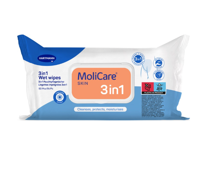 MoliCare Skin 3in1 Wet Wipes in a pack, designed for gentle skin care and hygiene, featuring a fresh, clean look.