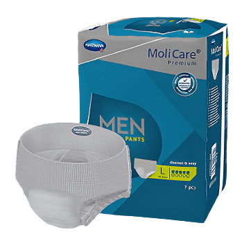 MoliCare Premium Men Pants in size Large, designed for continence care, shown in single packet packaging.