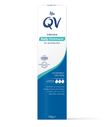 Ego QV Intensive Body Ointment in 100g jar, smooth skincare cream for nourishing and moisturizing skin.