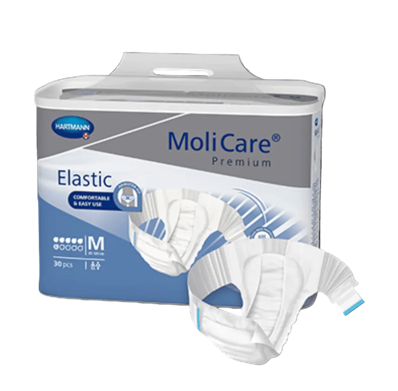 MoliCare Premium Elastic 6 Drops medium packet showing soft, absorbent adult incontinence pads by Incare Supports.