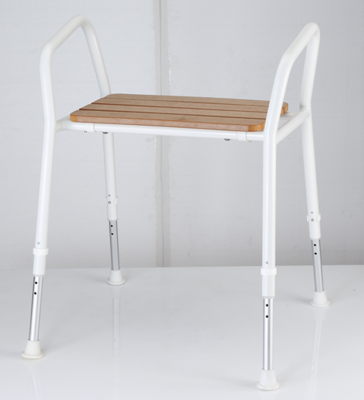 Max Mobility Delta S45-T heavy duty shower stool with timber look seat, designed for safe, sturdy mobility support.
