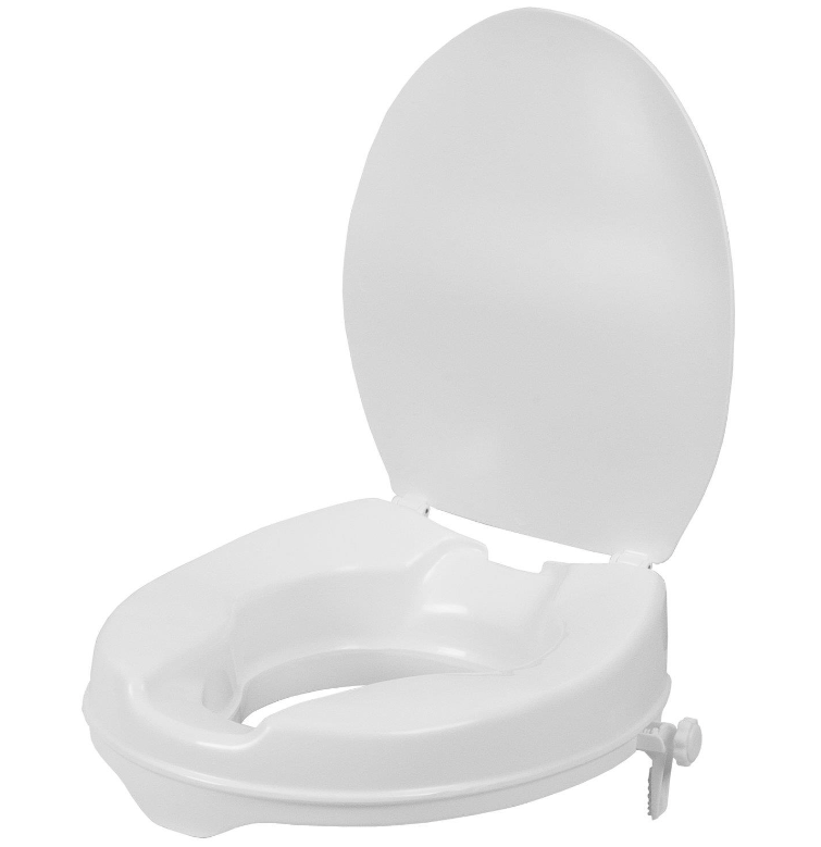 Quintro Healthcare Max Mobility Delta raised toilet seat with lid, available in 2, 4, and 6-inch variants, shown on a toilet.