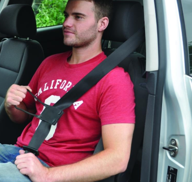 Quintro Healthcare Able Life Auto Seatbelt Reacher, a daily living aid, showing a person using the device to reach and pull a seatbelt.