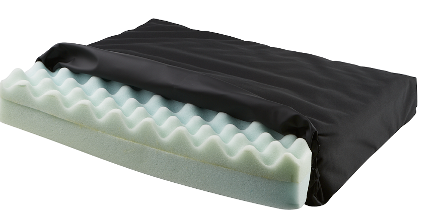 Quintro Healthcare Max Mobility convoluted polyurethane foam and gel wheelchair cushion with ergonomic design and breathable cover.