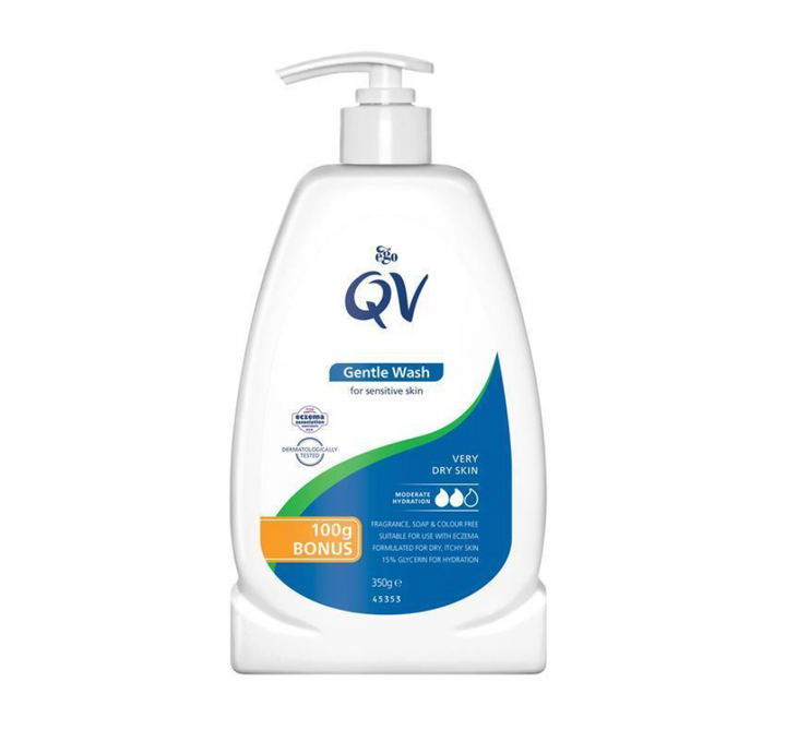 Ego QV Gentle Wash bottle for skin care, showing clear liquid and label, designed for gentle cleansing of sensitive skin.