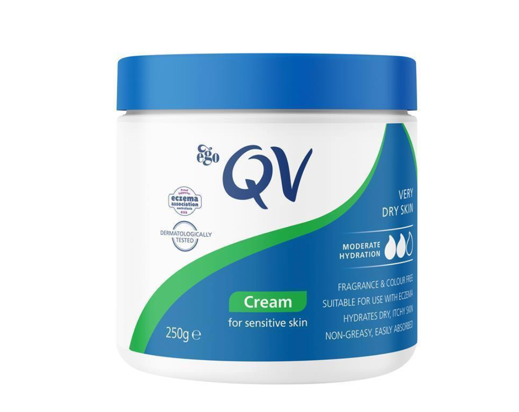 Ego QV Cream for skin care, shown in a container with smooth cream texture, ideal for moisturizing and skin nourishment.