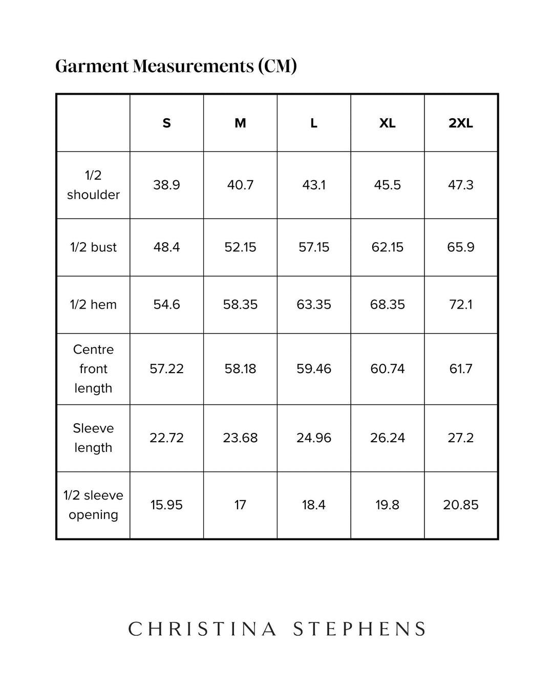 Detailed size chart for Short Sleeve Leaf Back T-Shirt displaying measurements in centimeters across S to 2XL sizes, including shoulder width, bust, hem, front length, sleeve length, and sleeve opening specifications on a clean white background with brand name underneath.