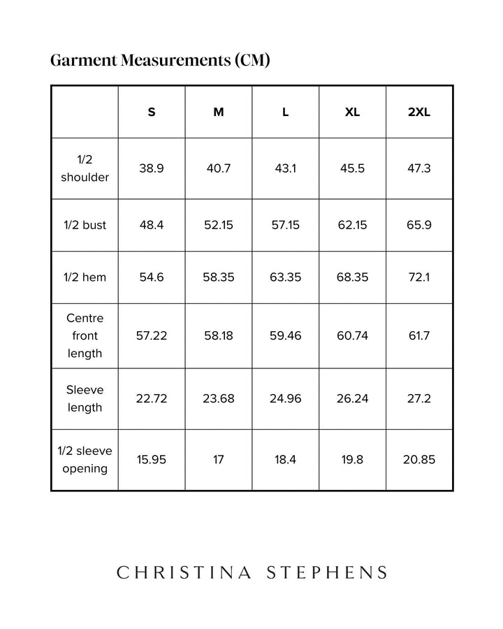 Detailed size chart for Short Sleeve Leaf Back T-Shirt displaying measurements in centimeters across S to 2XL sizes, including shoulder width, bust, hem, front length, sleeve length, and sleeve opening specifications on a clean white background with brand name underneath.