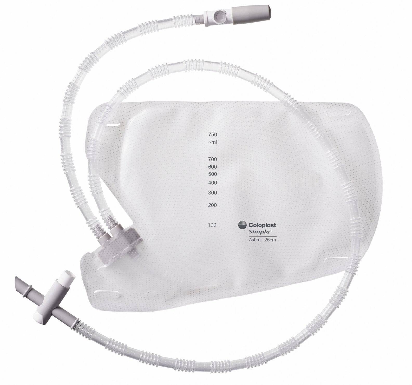 Simpla Plus 750ml syphon bag by Coloplast, featuring a sterile design and measuring 25cm by 73cm.