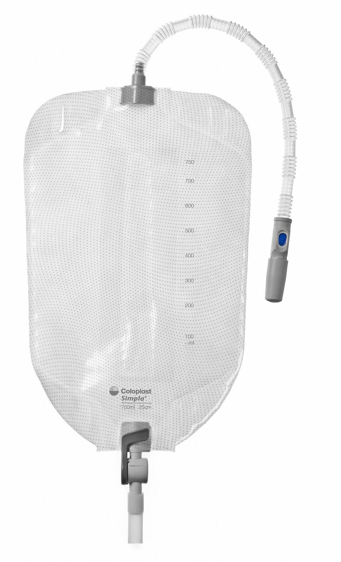 Simpla® Profile leg bag by Coloplast, featuring a clear design with adjustable straps and a secure closure system.