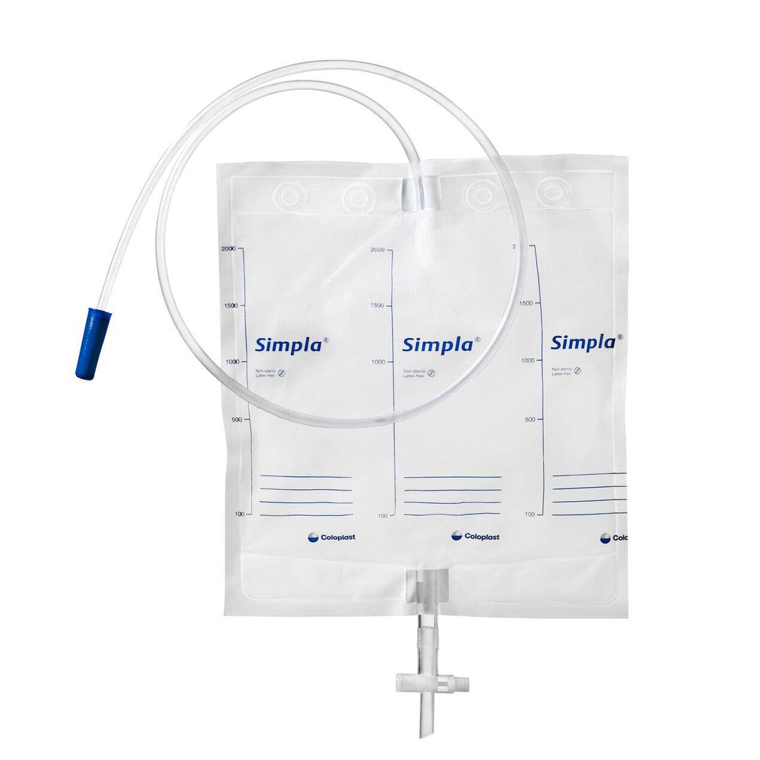 Coloplast Simpla S3 extended term drainage bag, 2000ml, featuring a tap and 100cm length, non-sterile design.
