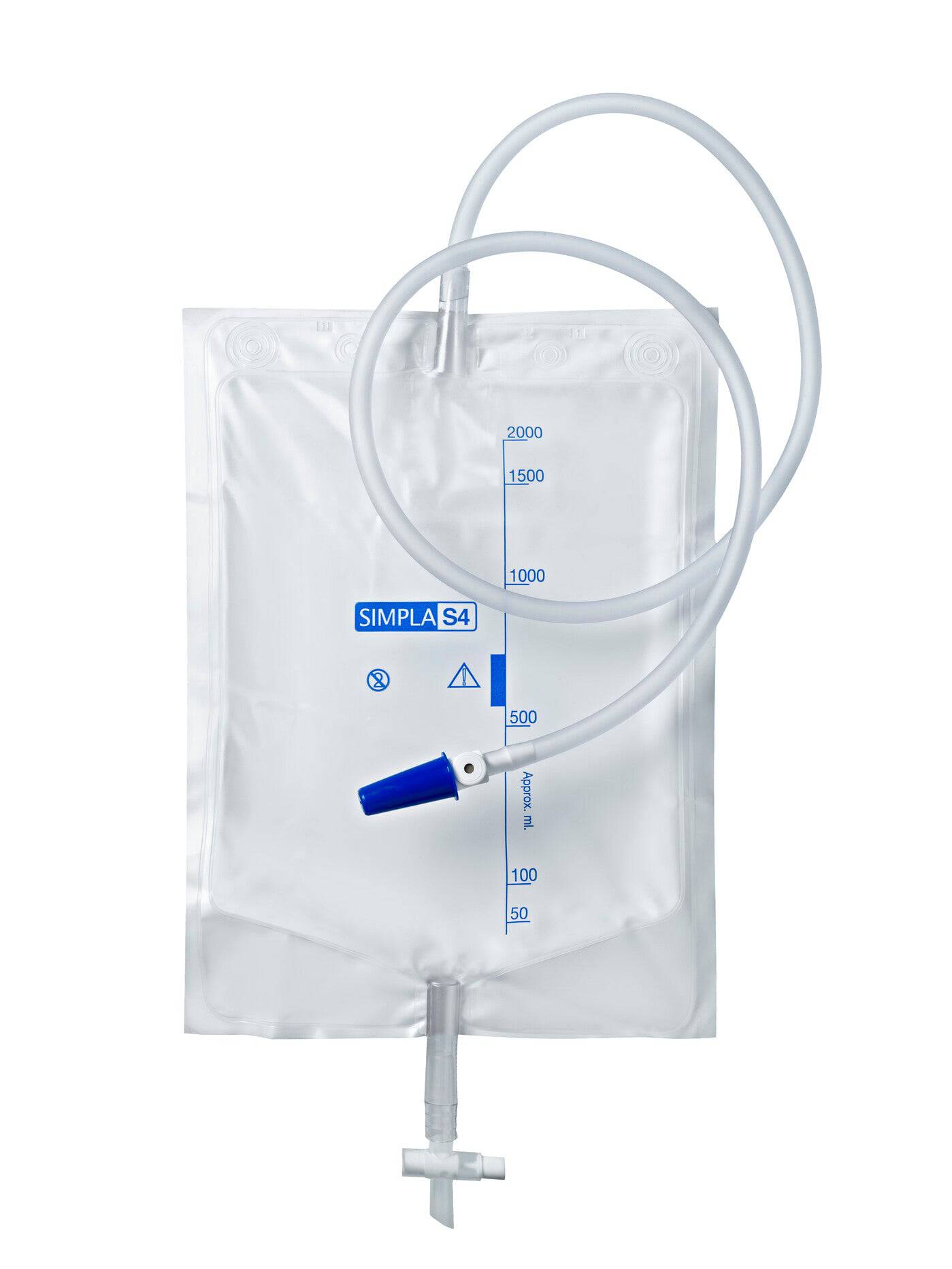 Simpla® S4 bedside drainage bag with tap by Coloplast, clear medical bag for urine collection with drainage tap.