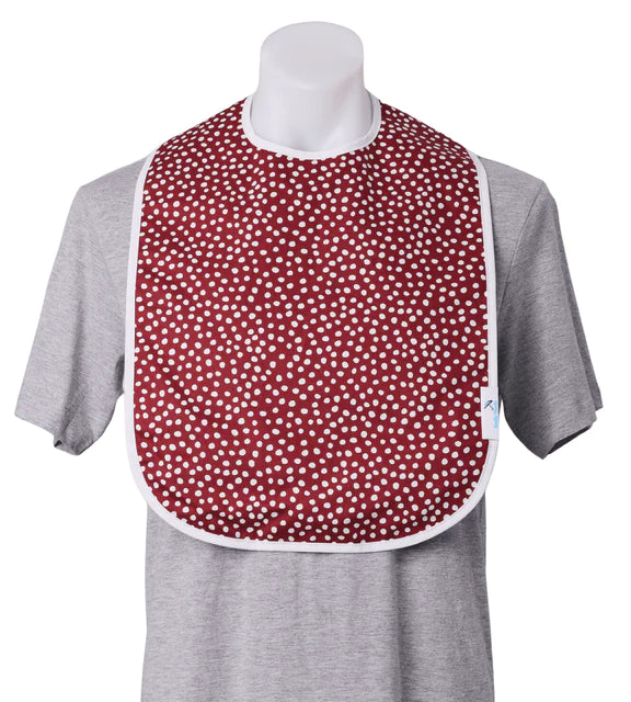 Small adult feeding bib from Brolly Sheets, adaptive clothing with waterproof fabric and adjustable closure, designed for easy use.