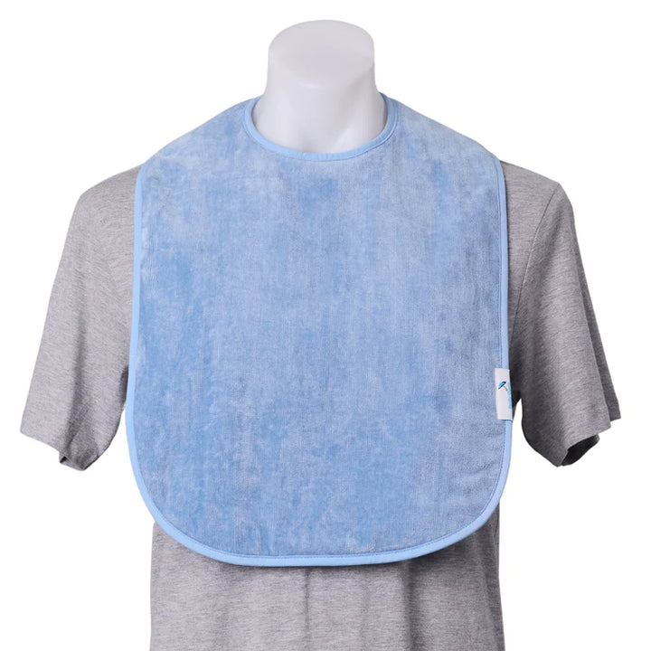Smokey blue Brolly Extra Absorbent Adult Bib from Brolly Sheets, designed for adaptive clothing, displayed on a mannequin.