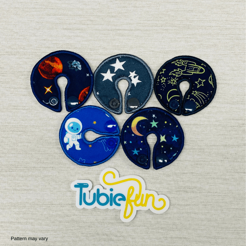 Tubie Fun Regular G-Tube Button Pad in space design, 5-pack of protective pads for feeding tubes.