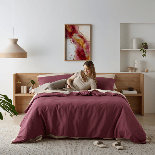 Staydry linen look water-resistant quilt cover set on a bed, showcasing the Manchester design by Stay Dry Products.